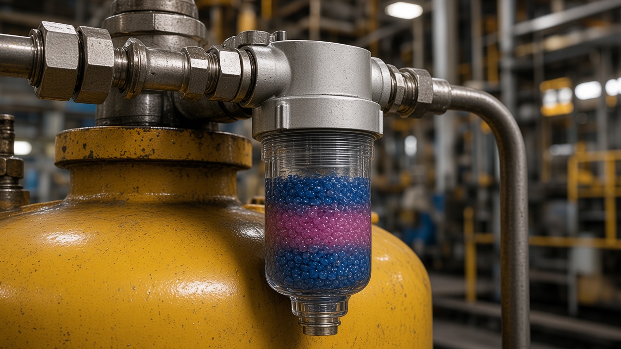 Filtro desecante industrial con sílice cambiando de color por humedad en un tanque hidráulico
