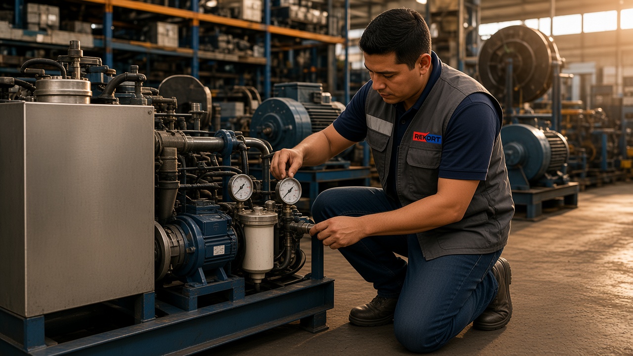 Unidad hidráulica en planta con técnico REKORT revisando manómetros y filtración