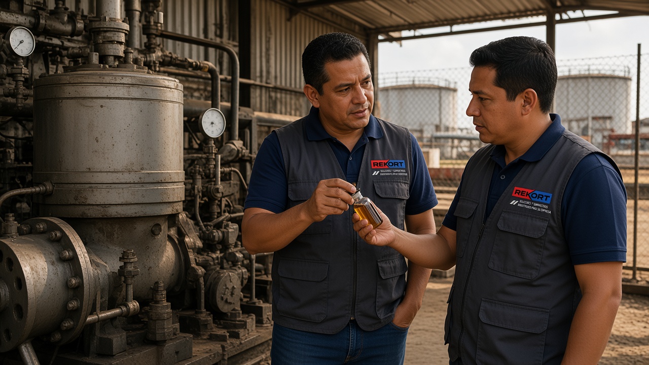 Técnicos REKORT en planta revisando una muestra de aceite y humedad junto a un reductor