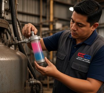 Técnico REKORT revisa un filtro desecante sobre un tanque hidráulico