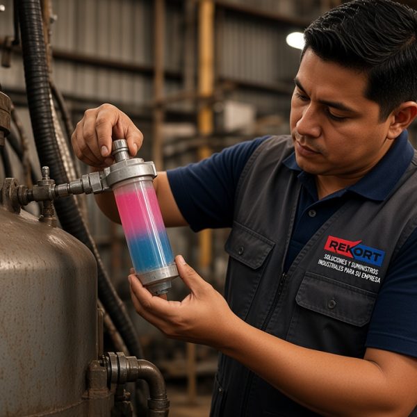Técnico REKORT revisa un filtro desecante sobre un tanque hidráulico