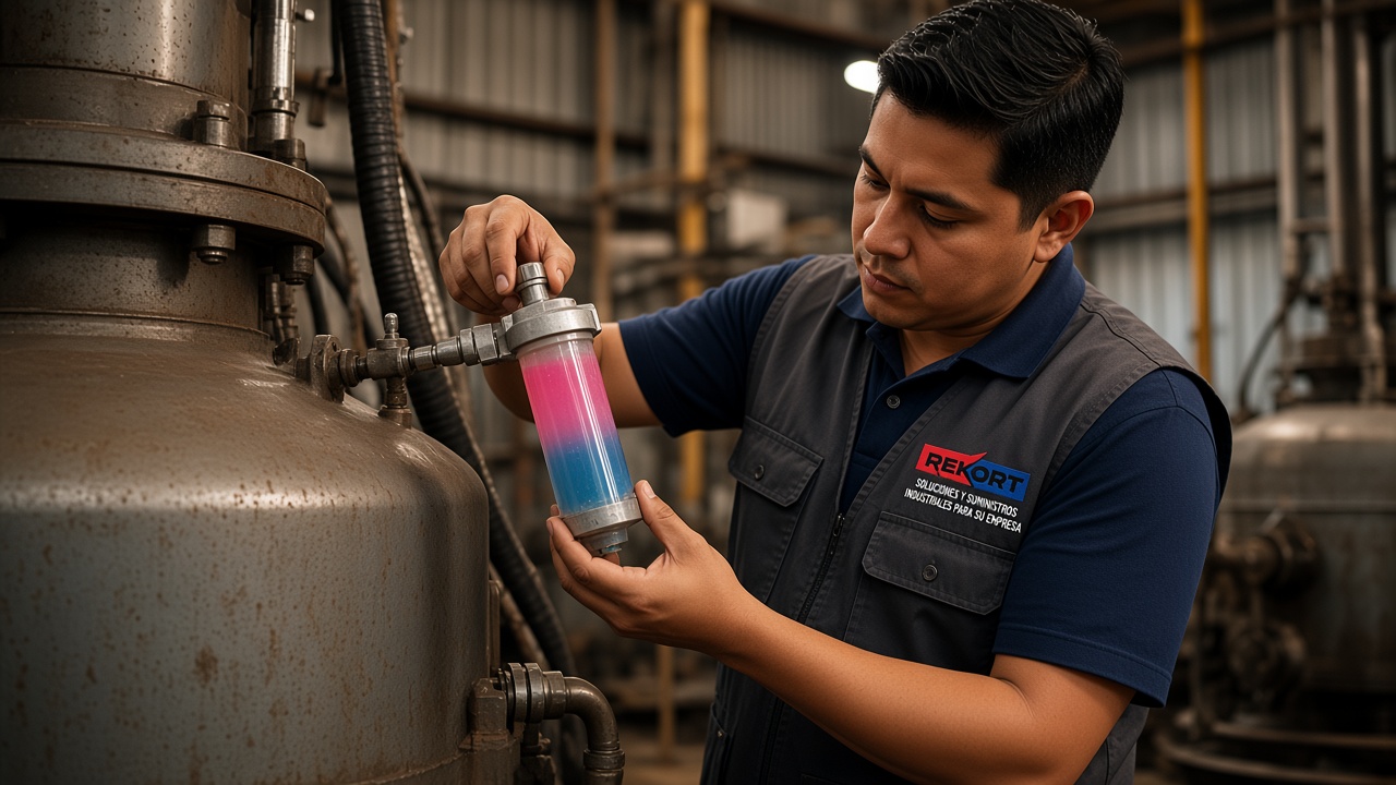 Técnico REKORT revisa un filtro desecante sobre un tanque hidráulico