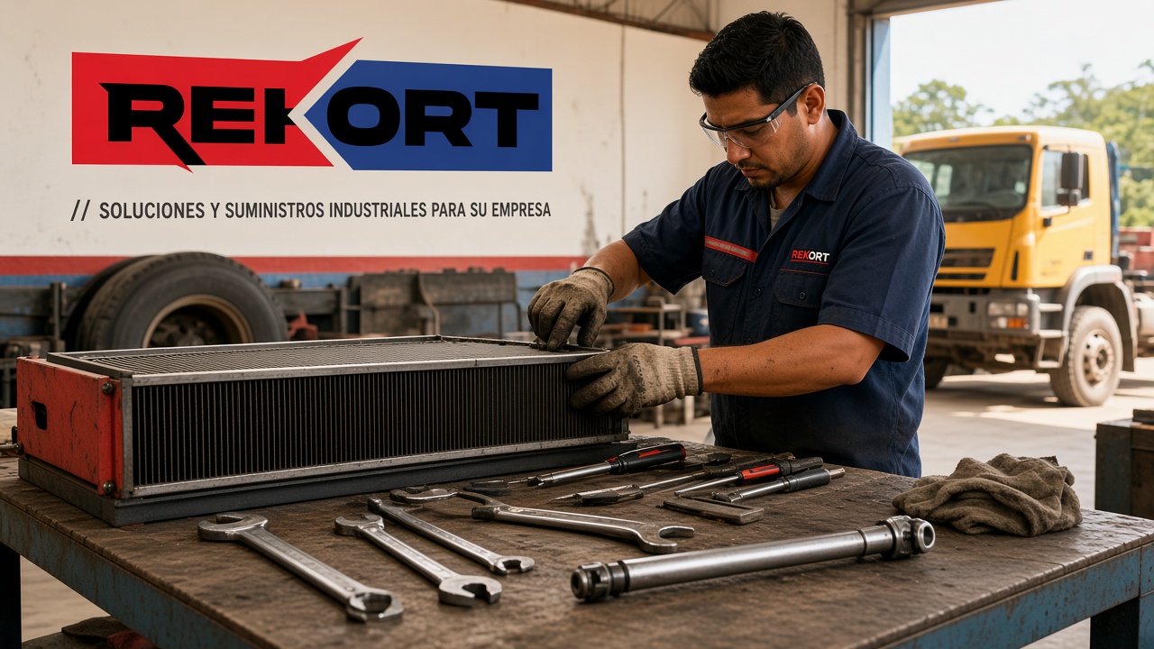 Taller de camión con carro de mantenimiento y filtros